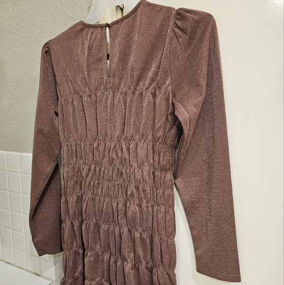 NWT Lumiere Metallic Long Sleeved Shirred Minidress Shimmery Sparkly Mauve Large - Picture 7 of 13